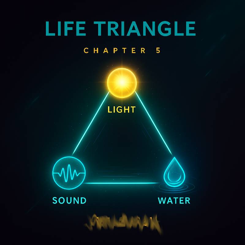 Triangle of light, sound, and water forming life